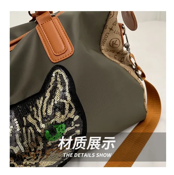 Design Cat Embroidery Sequin Duffle Bag Black - 9