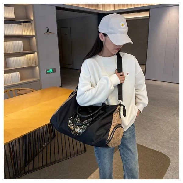 Design Cat Embroidery Sequin Duffle Bag Black - 28
