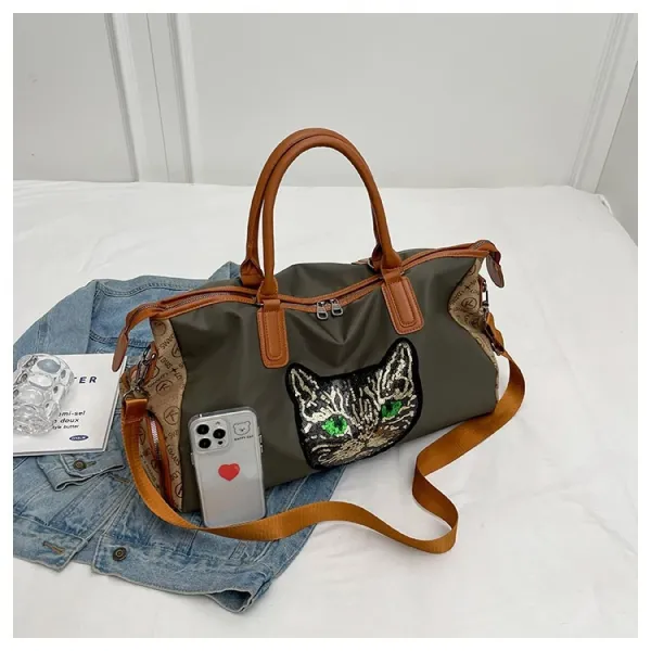 Design Cat Embroidery Sequin Duffle Bag Black - 51