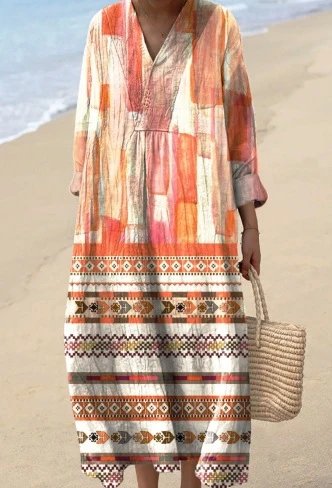 Design Leaf Print V-Neck Midi Dress Blue - 5