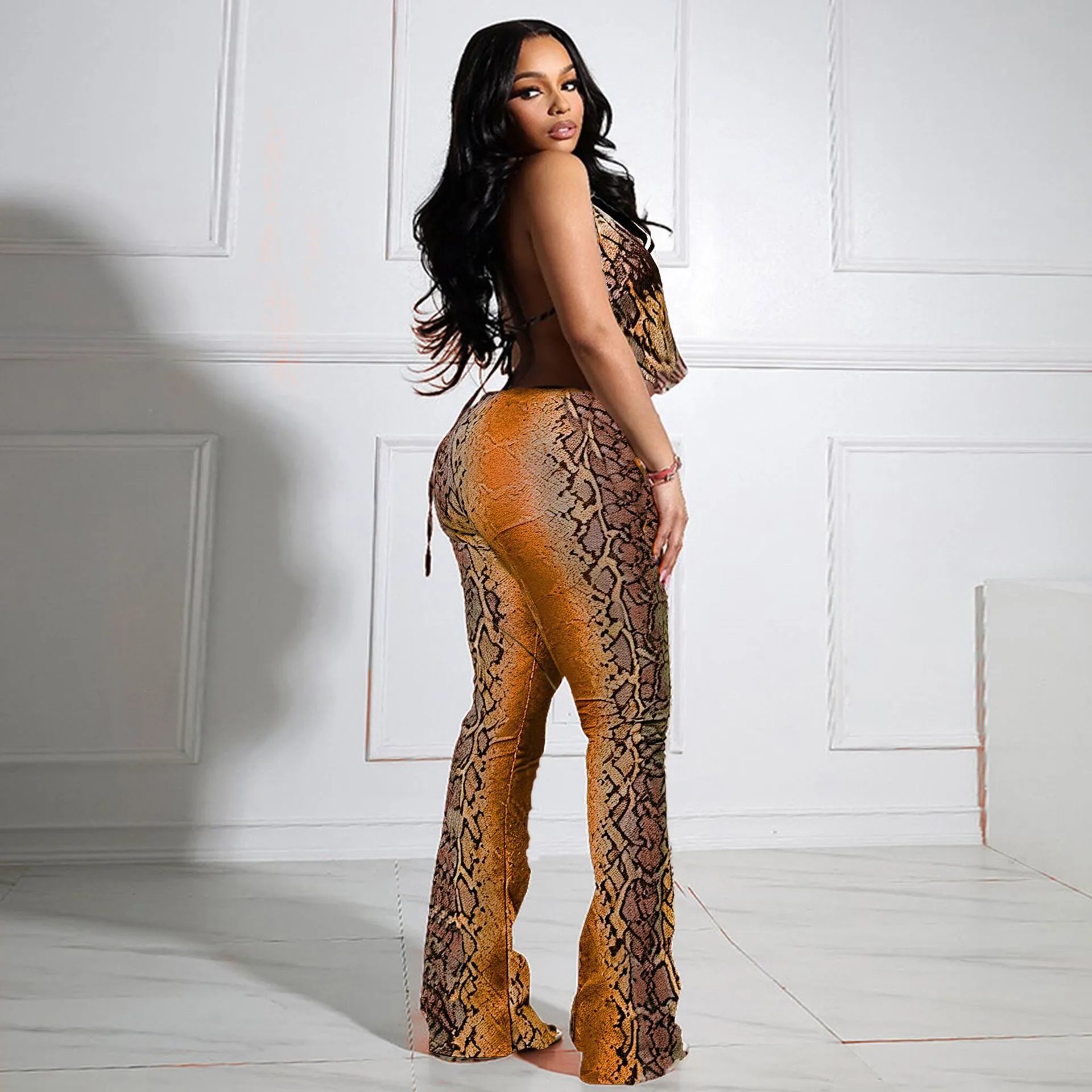 Design Snake Print Halter Neck Bodysuit and Flared Pants Set Multicolor - 15