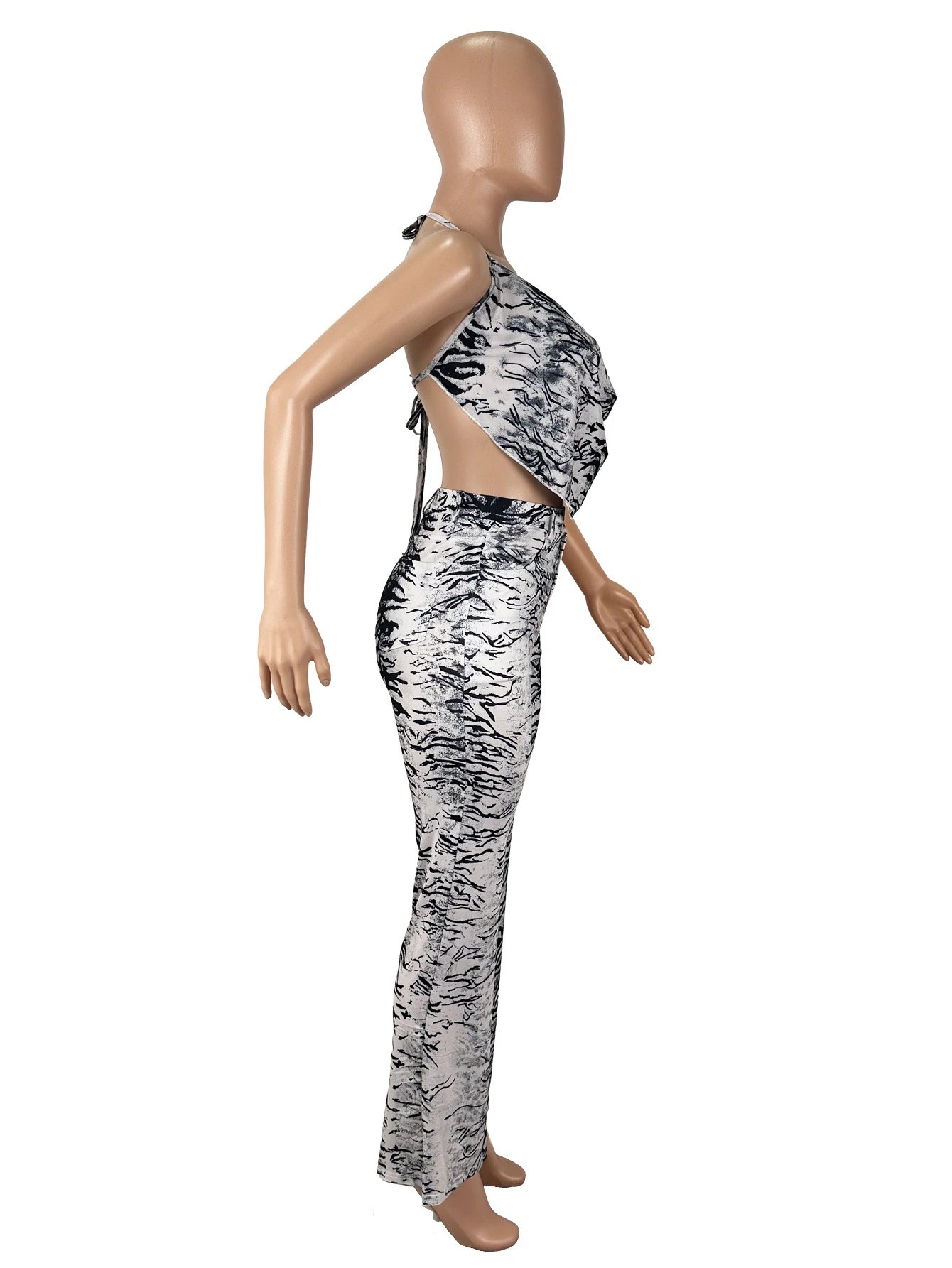 Design Snake Print Halter Neck Bodysuit and Flared Pants Set Multicolor - 21