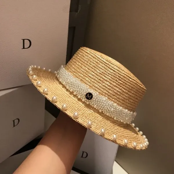 Design Pearl-Embellished Straw Boater Hat Beige Hats - 4