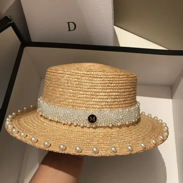 Design Pearl-Embellished Straw Boater Hat Beige Hats - 6