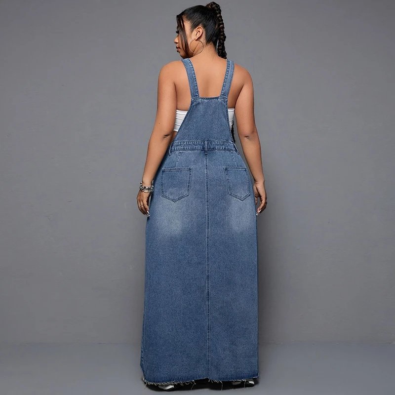 Design Denim Overalls Maxi Dress in Medium Wash Blue Dress - 4
