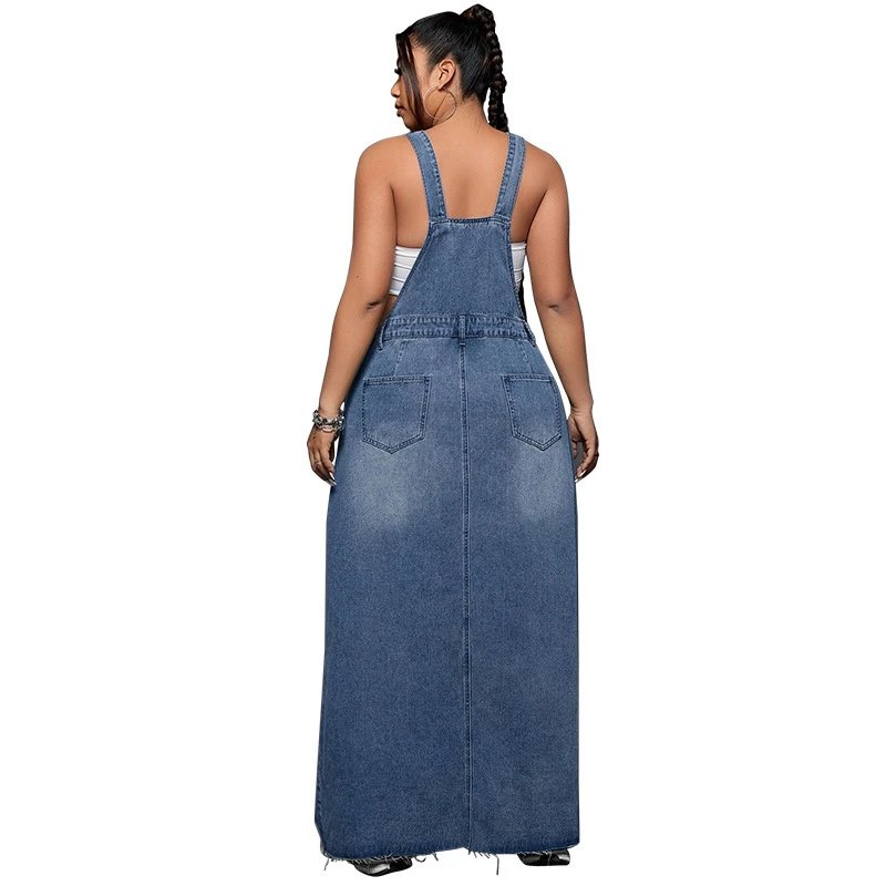 Design Denim Overalls Maxi Dress in Medium Wash Blue Dress - 12