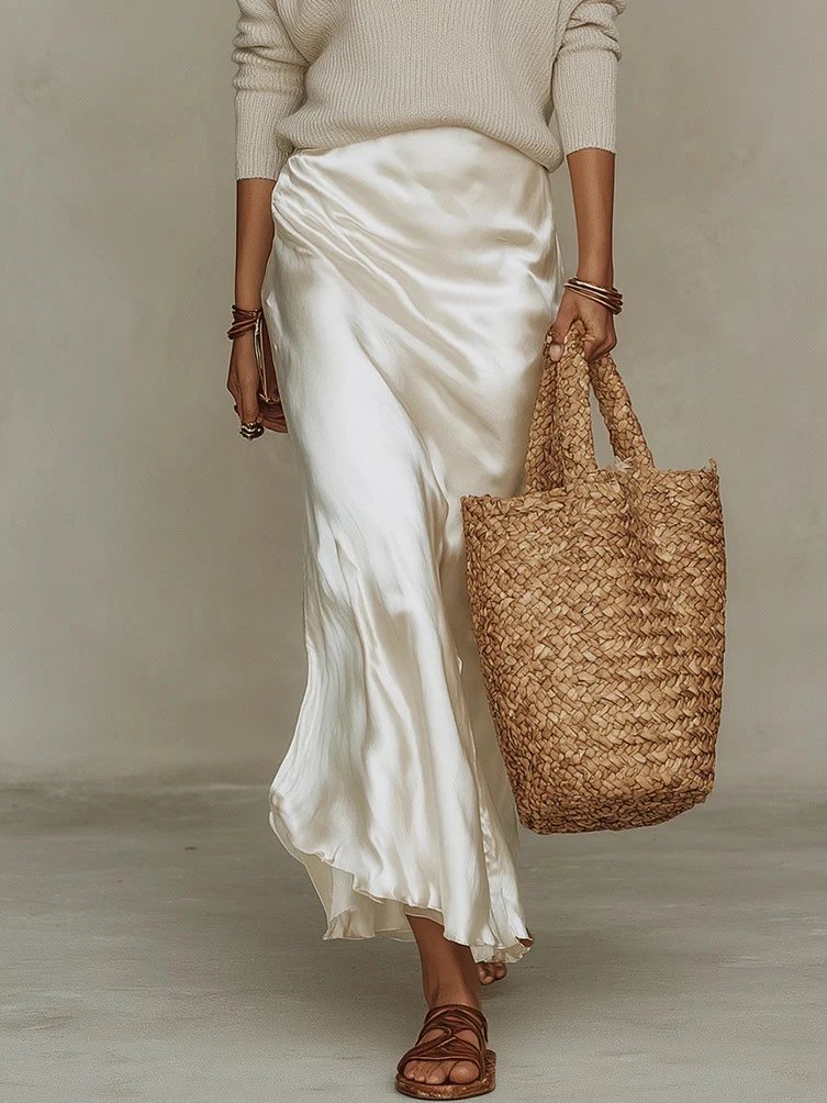 Design Knit V-Neck Oversized Sweater in Beige with Silk Slip Skirt and Woven Tote Bag - 5