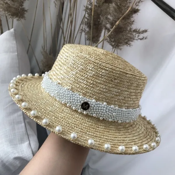 Design Pearl-Embellished Straw Boater Hat Beige Hats - 16