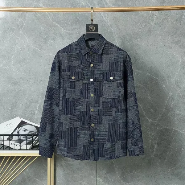 Design Patchwork Pattern Button-Up Shirt Navy Tops Shirt - 1
