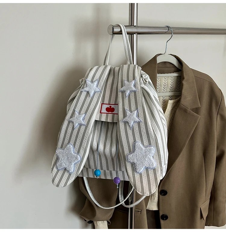 Design Striped Star-Embroidered Bunny Ear Backpack Beige - 27