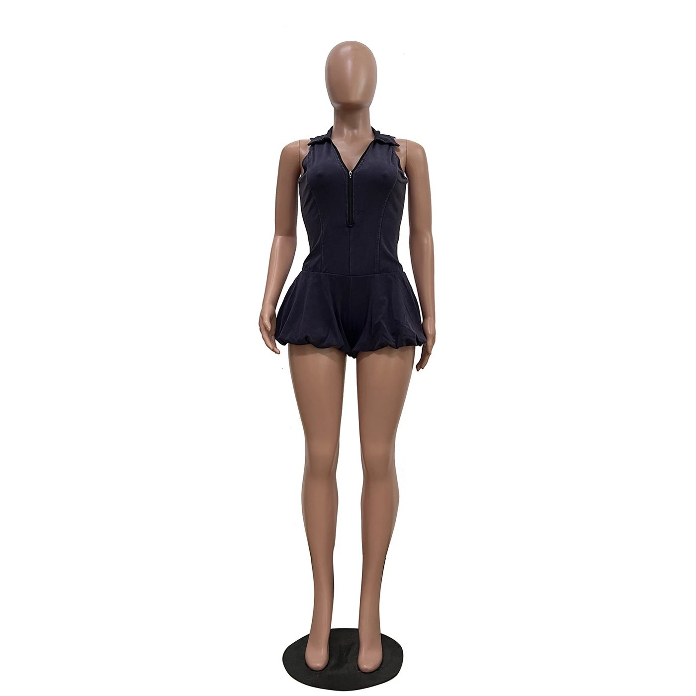 Design Ribbed V-Neck Romper Navy Blue Set - 14