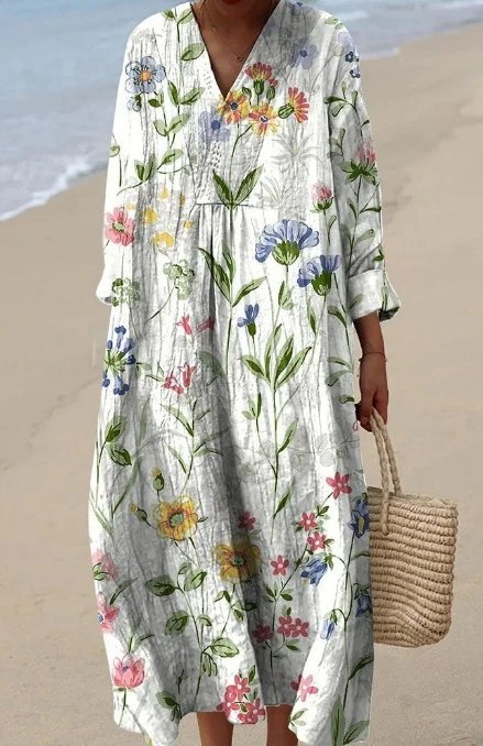 Design Leaf Print V-Neck Midi Dress Blue - 6
