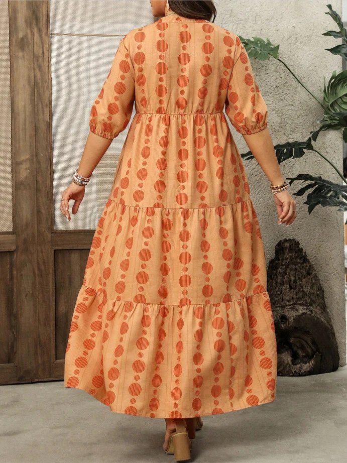 Design Tiered Polka Dot Orange Beige Maxi Dress - 11