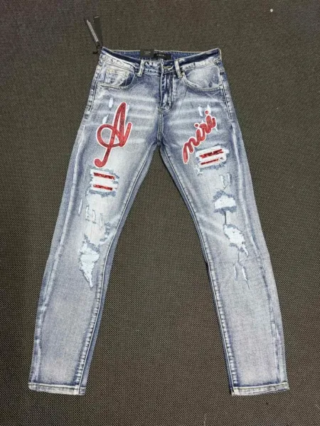 Amiri Embroidered Logo Distressed Slim Fit Jeans - 28
