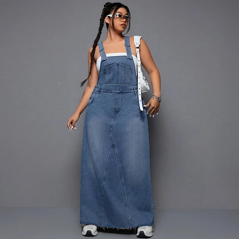 Design Denim Overalls Maxi Dress in Medium Wash Blue Dress - 7