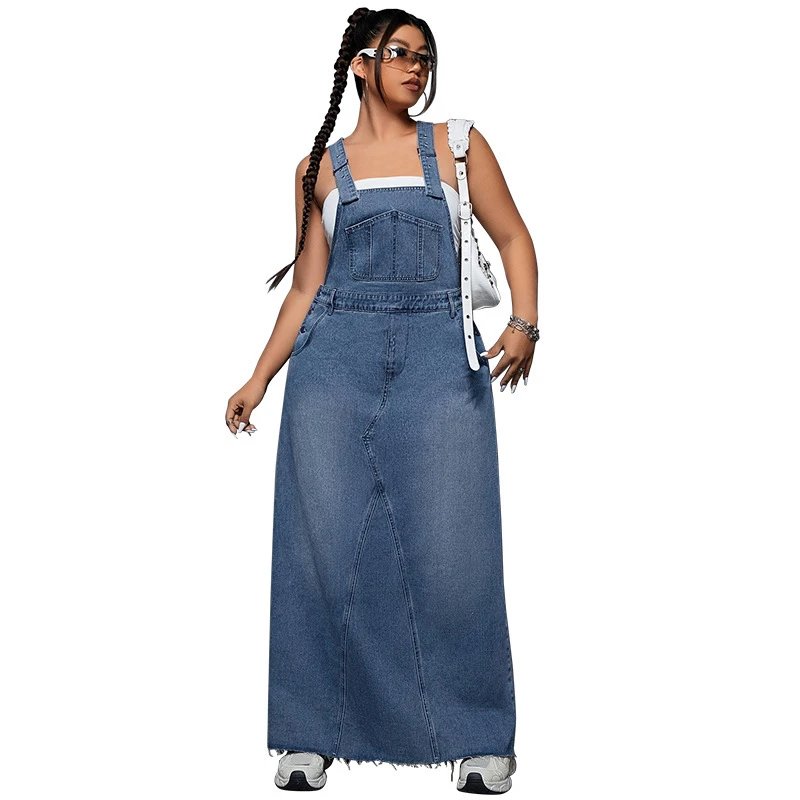 Design Denim Overalls Maxi Dress in Medium Wash Blue Dress - 15