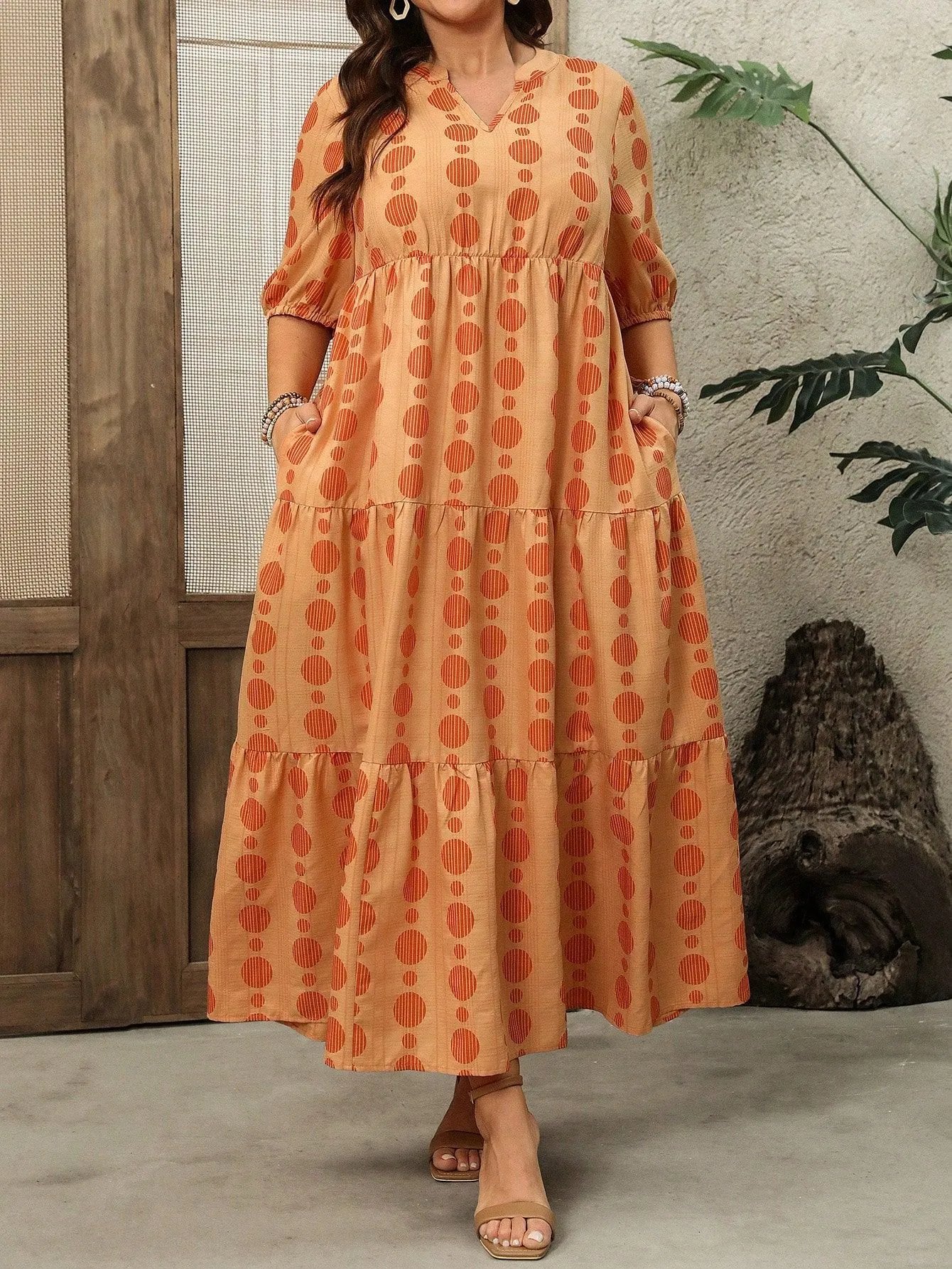 Design Tiered Polka Dot Orange Beige Maxi Dress - 10