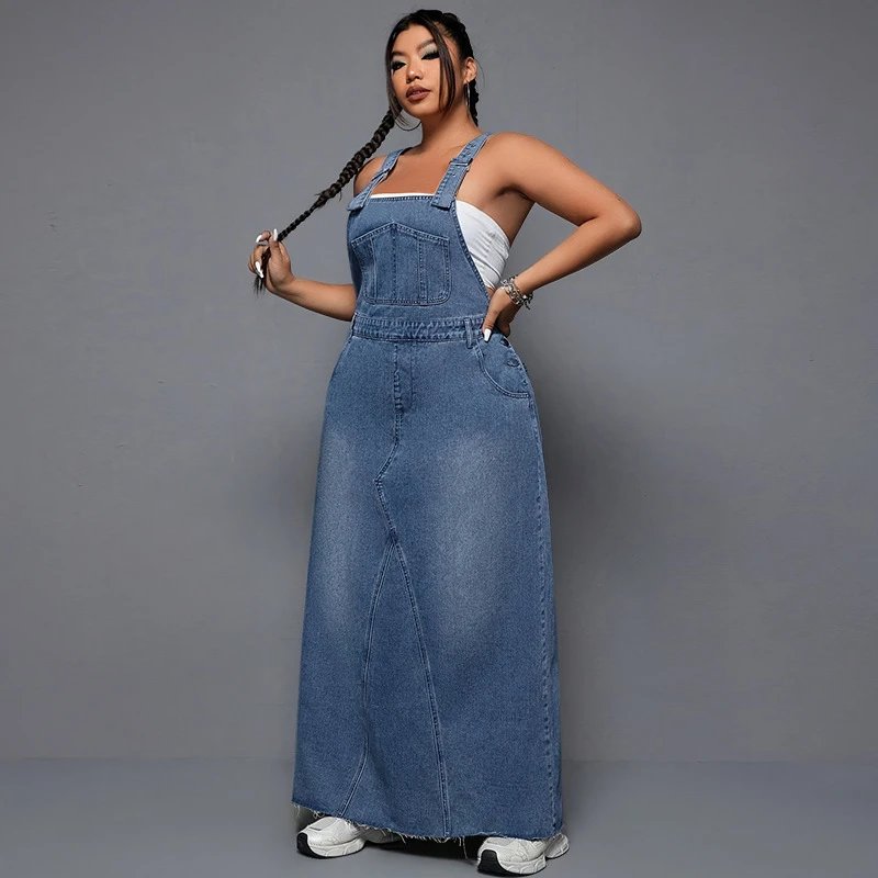 Design Denim Overalls Maxi Dress in Medium Wash Blue Dress - 5