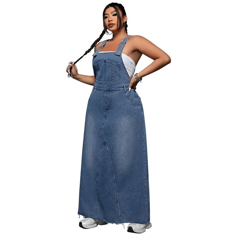 Design Denim Overalls Maxi Dress in Medium Wash Blue Dress - 13