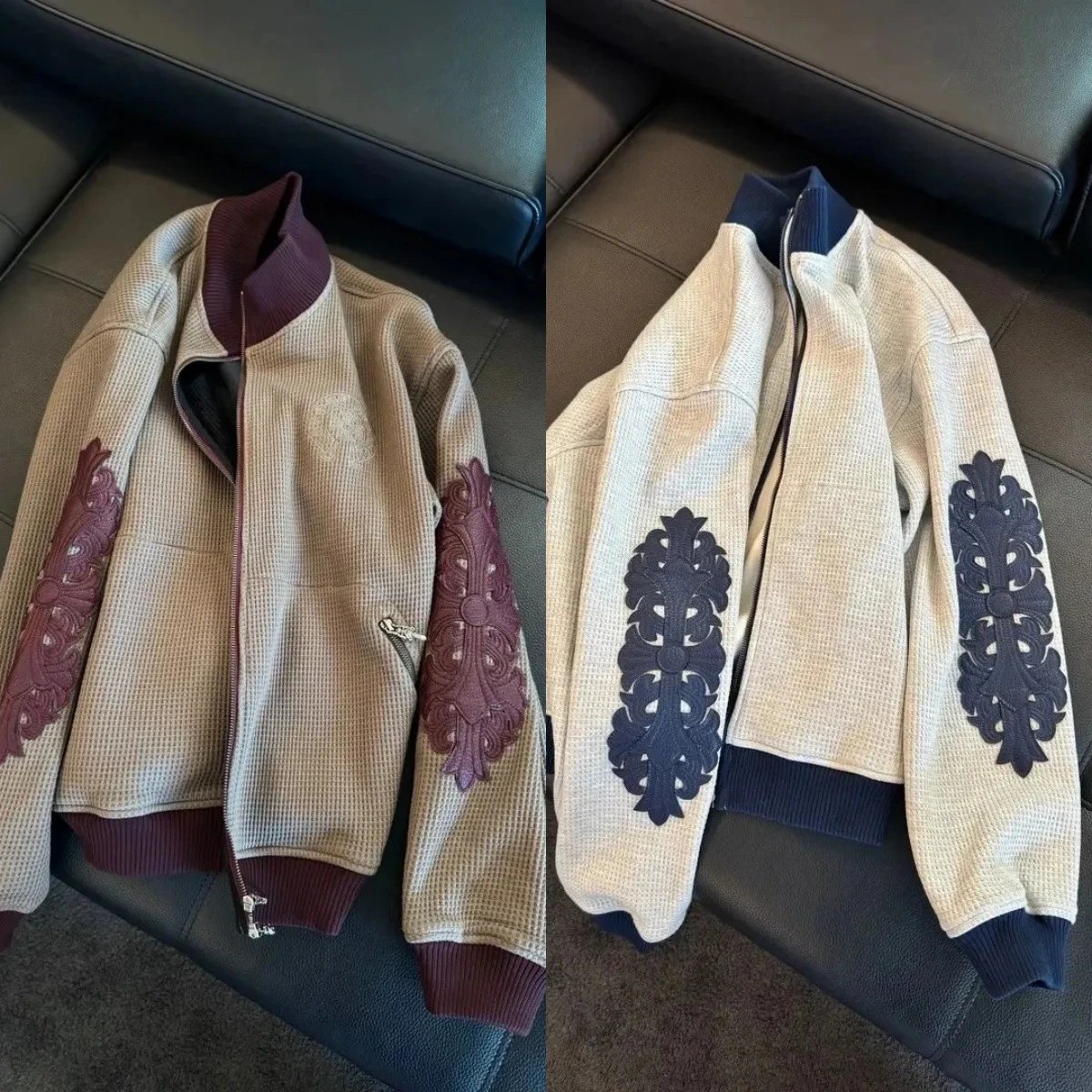 Design LOGR Waffle Knit Jacket with Ornamental Embroidery Beige and Navy Outerwear Outerwear Jacket - 8