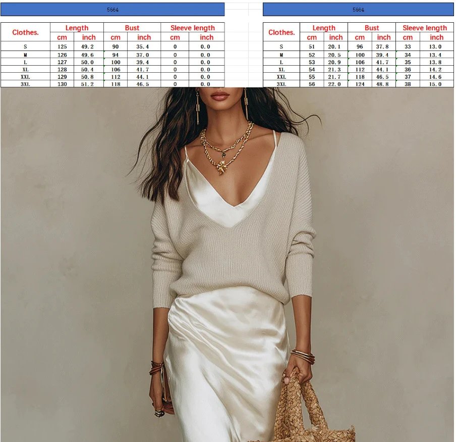 Design Knit V-Neck Oversized Sweater in Beige with Silk Slip Skirt and Woven Tote Bag - 2