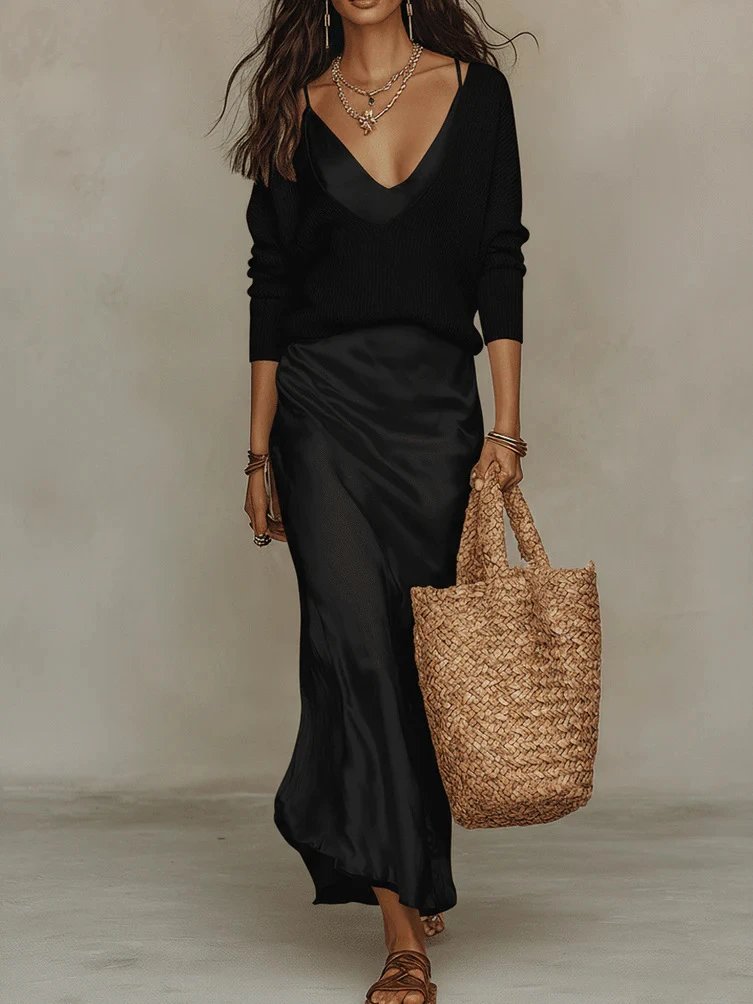 Design Knit V-Neck Oversized Sweater in Beige with Silk Slip Skirt and Woven Tote Bag - 7