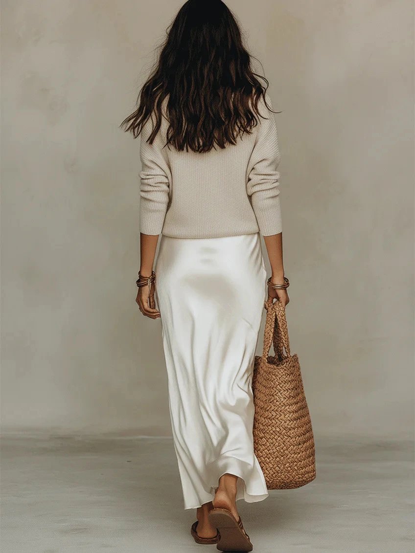 Design Knit V-Neck Oversized Sweater in Beige with Silk Slip Skirt and Woven Tote Bag - 11
