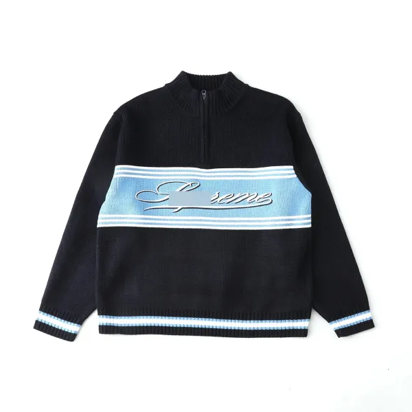 Supreme Script Logo Half-Zip Sweater Navy and Light Blue - 1
