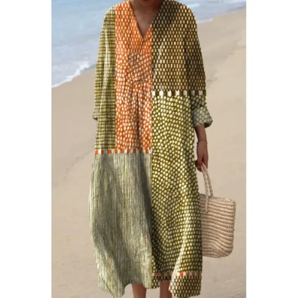 Design Patchwork Print V-Neck Maxi Dress Multicolor - 1