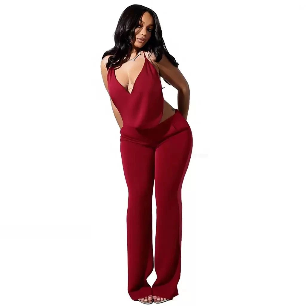 Design Snake Print Halter Neck Bodysuit and Flared Pants Set Multicolor - 5