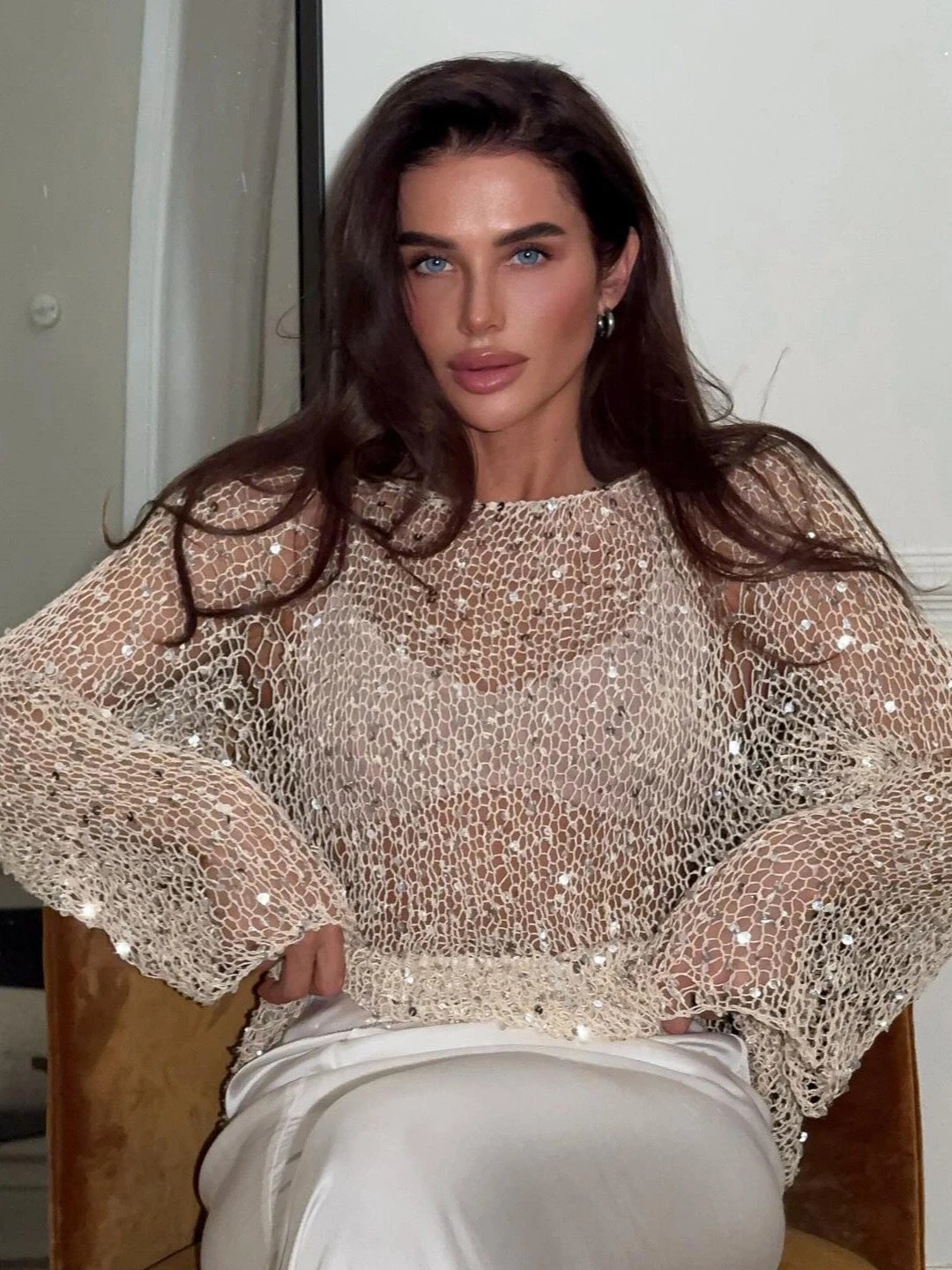 Design Crochet Sequin Top in Ivory - 5