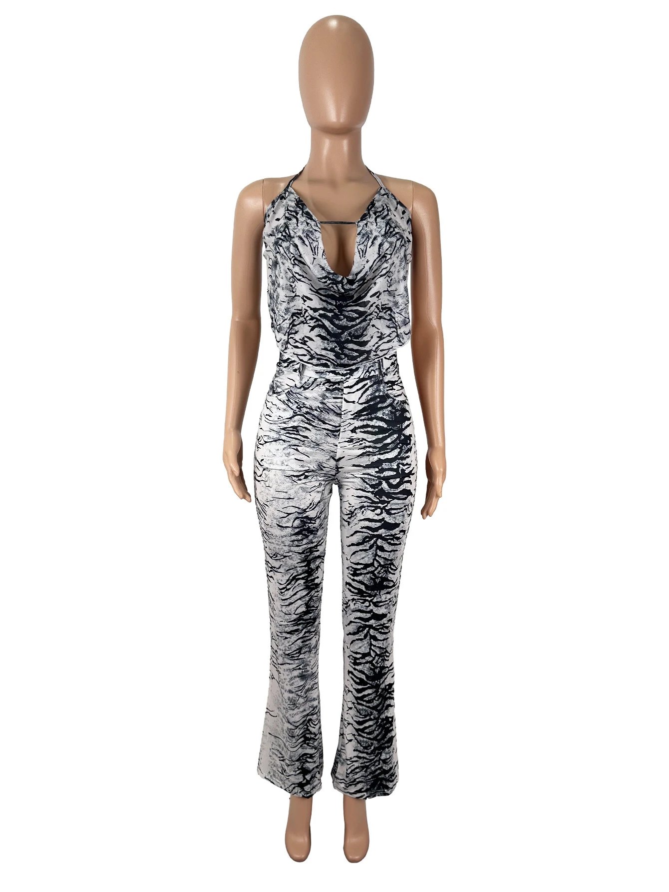 Design Snake Print Halter Neck Bodysuit and Flared Pants Set Multicolor - 19