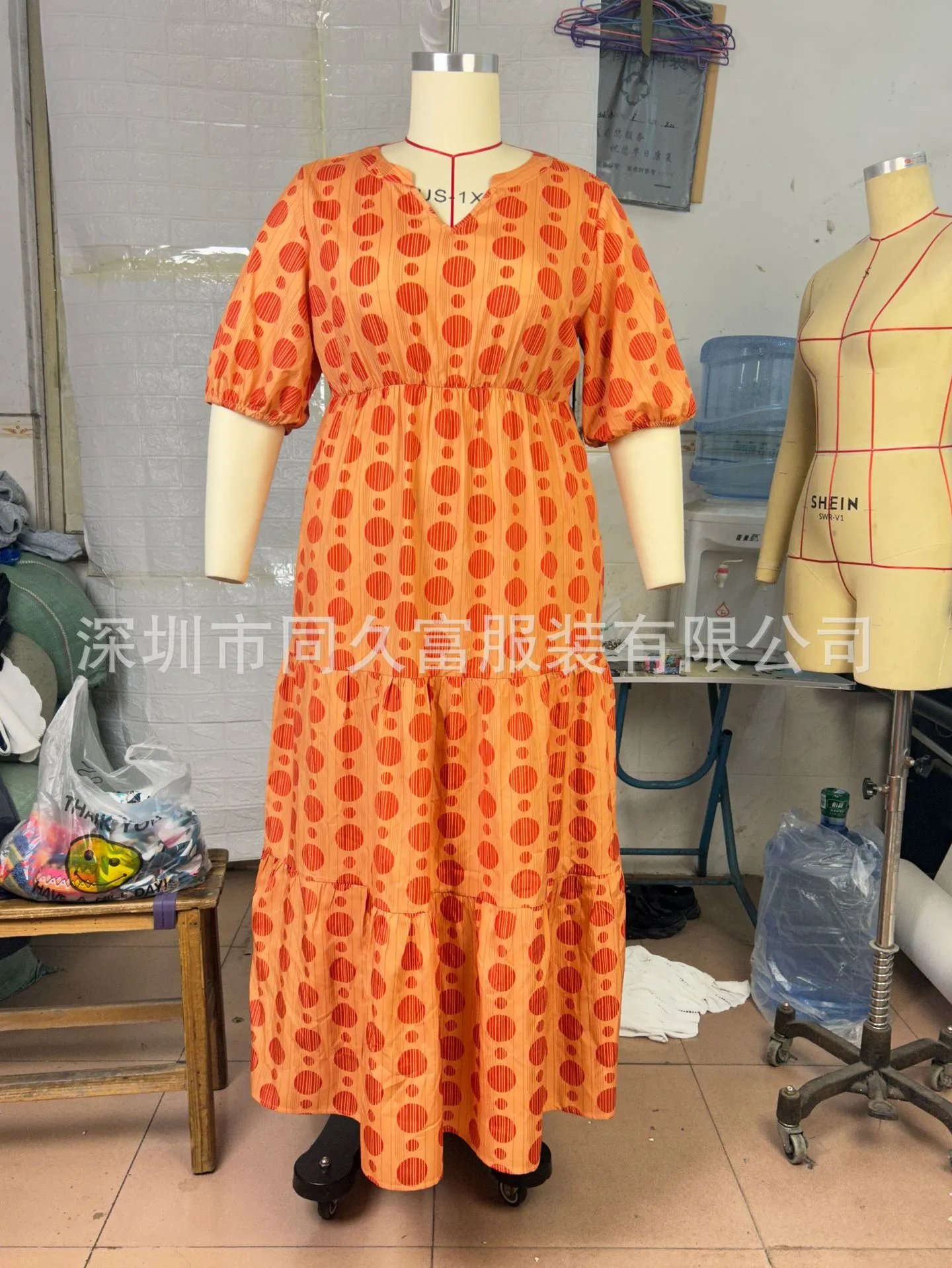 Design Tiered Polka Dot Orange Beige Maxi Dress - 7