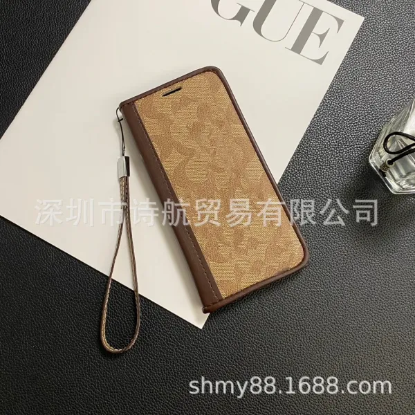 Design Floral Print Brown Leather Flip Phone Case with Wrist Strap - 3