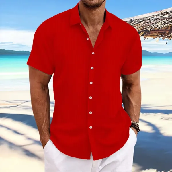Design Short-Sleeve Button-Up Shirt Red Tops Shirt - 1