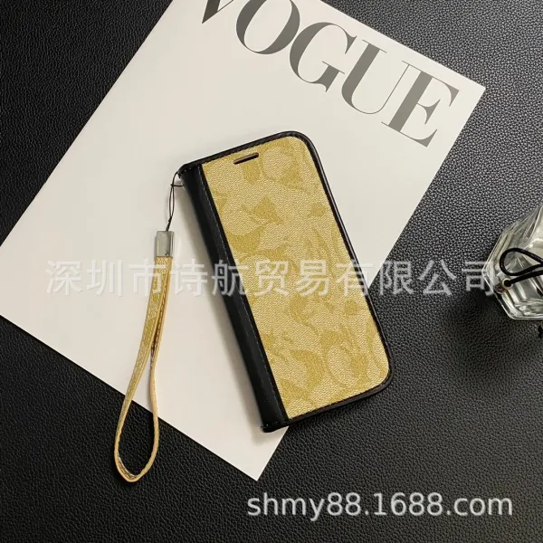 Design Floral Print Brown Leather Flip Phone Case with Wrist Strap - 7