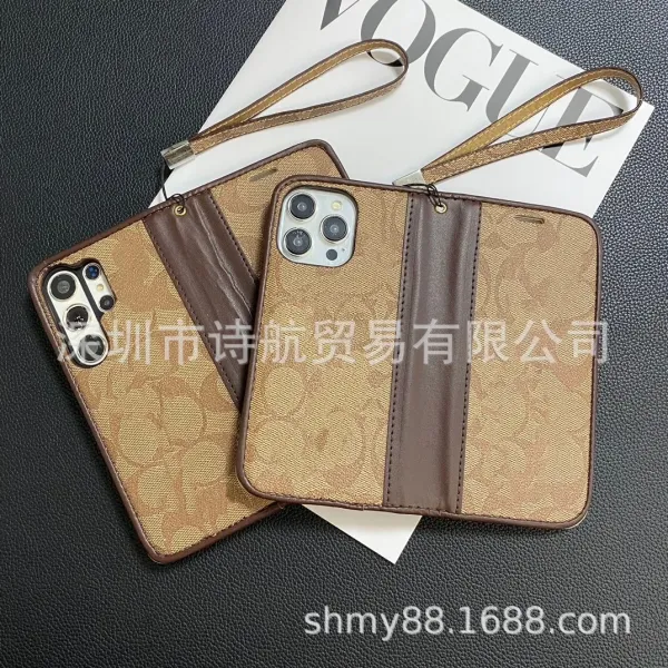 Design Floral Print Brown Leather Flip Phone Case with Wrist Strap - 10