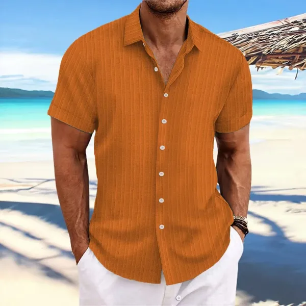 Design Short-Sleeve Ribbed Button-Up Shirt Orange Tops Shirt - 1