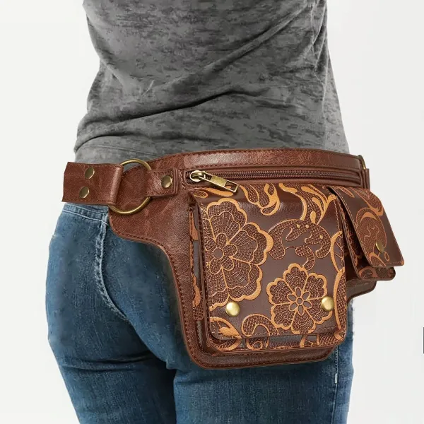 Design Embossed Floral Gray Leather Belt Bag - 41