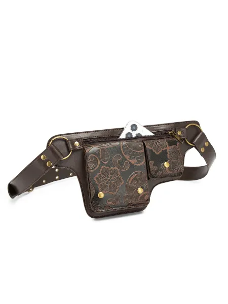 Design Embossed Floral Gray Leather Belt Bag - 40
