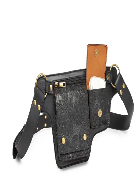 Design Embossed Floral Gray Leather Belt Bag - 47