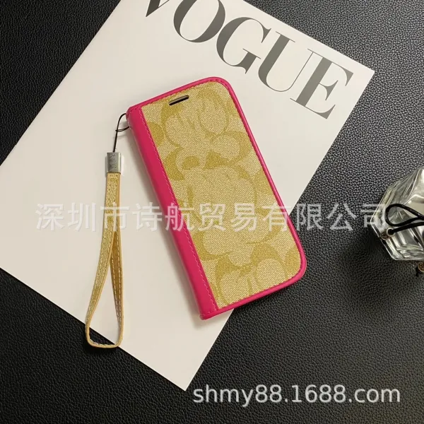 Design Floral Print Brown Leather Flip Phone Case with Wrist Strap - 4