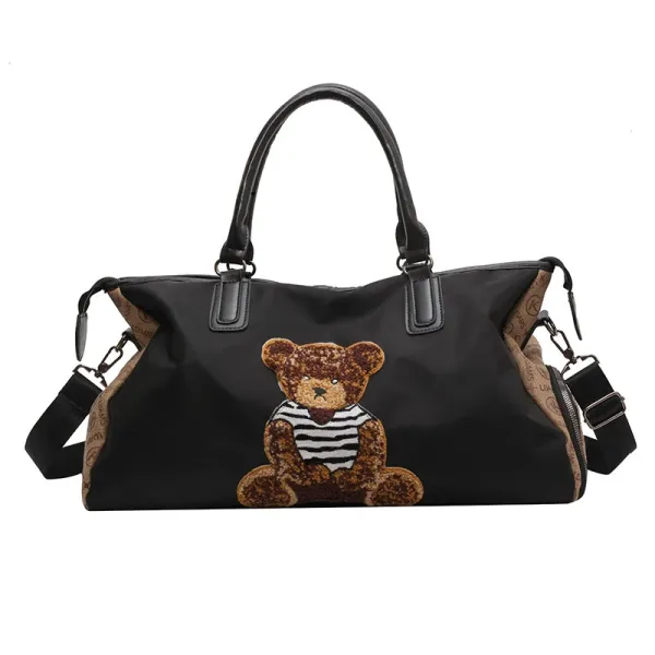 Design Teddy Bear Embroidered Duffle Bag Black - 1