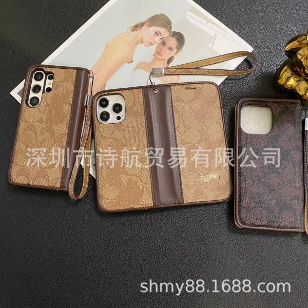 Design Floral Print Brown Leather Flip Phone Case with Wrist Strap - 11