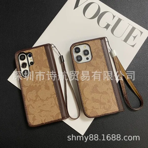 Design Floral Print Brown Leather Flip Phone Case with Wrist Strap - 9