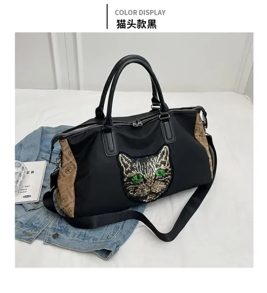 Design Cat Embroidery Sequin Duffle Bag Black - 31