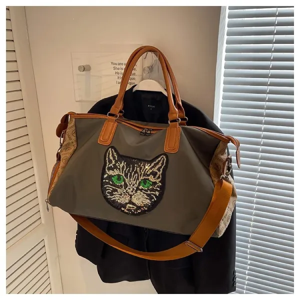 Design Cat Embroidery Sequin Duffle Bag Black - 32