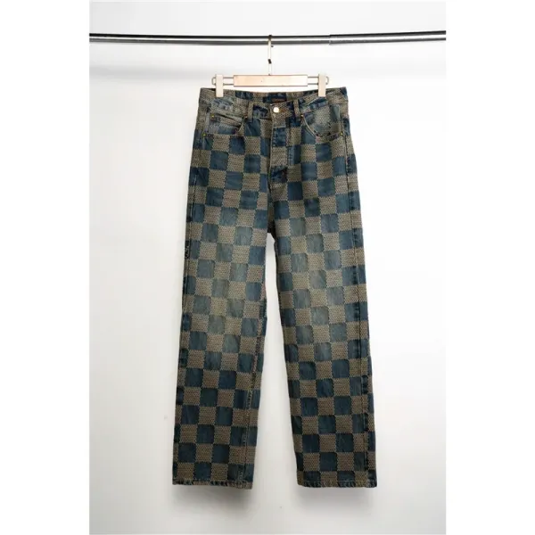 Design Checkerboard Patchwork Denim Jeans - 1