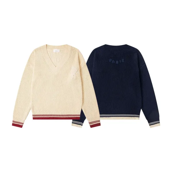 Ami Paris V-Neck Sweater Navy with Heart Knot Embroidery - 13