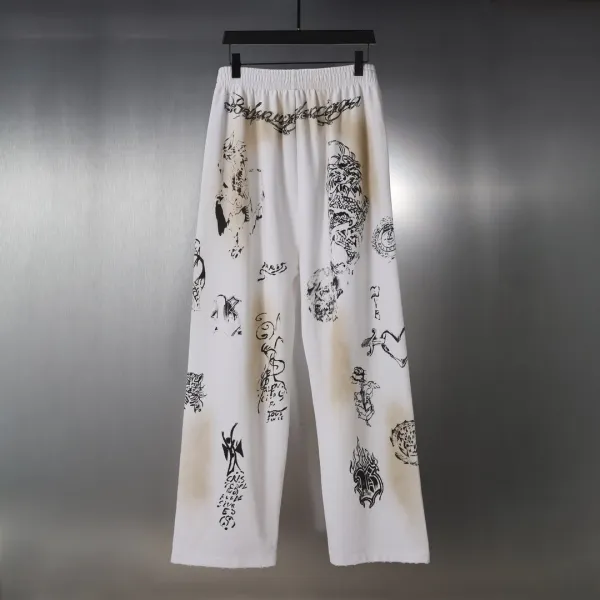 Design Printed Wide-Leg Sweatpants with Distressed Ink Wash White - 30